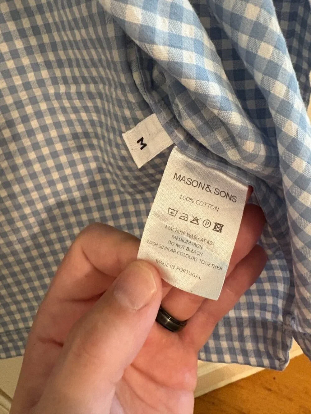 Mason & Sons camp shirt M medium blue and white gingham seersucker James Bond - Picture 4 of 6